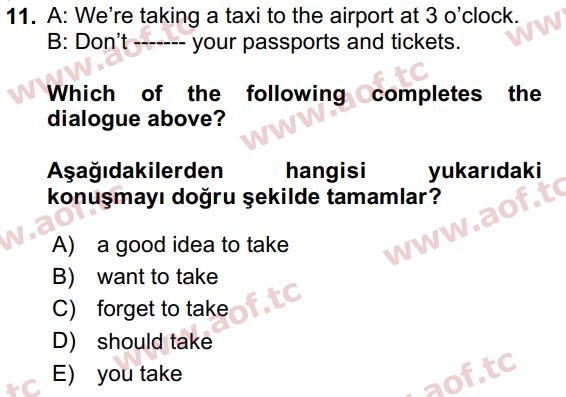 2021 İngilizce 2 Yaz Okulu 11. Çıkmış Sınav Sorusu