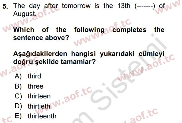 2021 İngilizce 2 Yaz Okulu 5. Çıkmış Sınav Sorusu