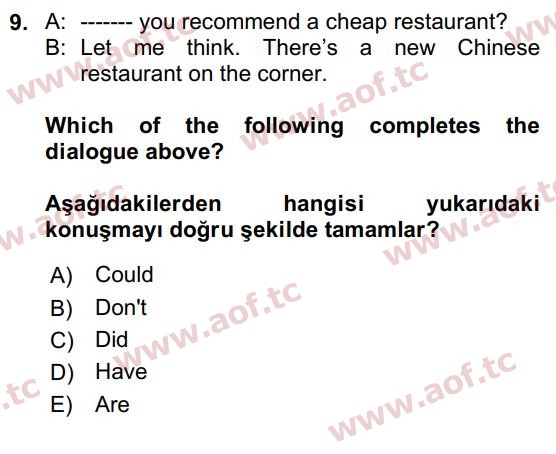 2021 İngilizce 2 Yaz Okulu 9. Çıkmış Sınav Sorusu