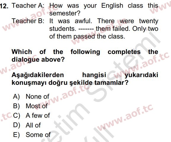 2022 İngilizce 2 Yaz Okulu 12. Çıkmış Sınav Sorusu
