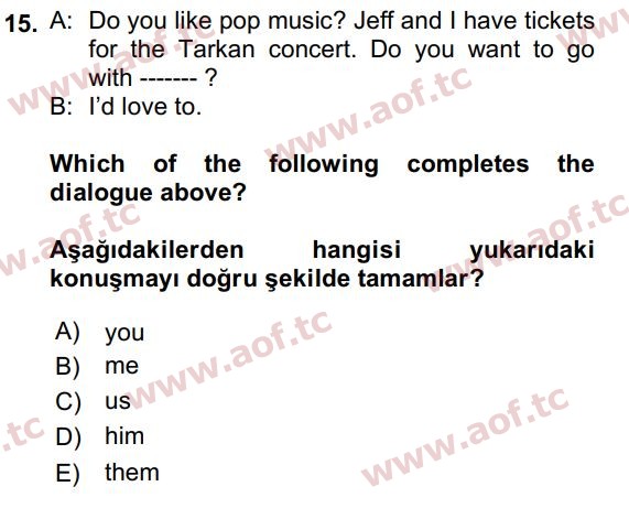 2022 İngilizce 2 Yaz Okulu 15. Çıkmış Sınav Sorusu