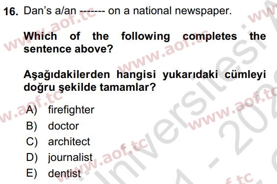 2022 İngilizce 2 Yaz Okulu 16. Çıkmış Sınav Sorusu
