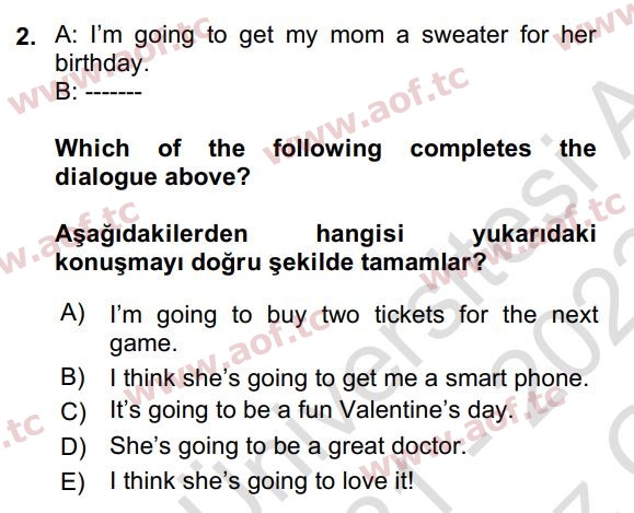 2022 İngilizce 2 Yaz Okulu 2. Çıkmış Sınav Sorusu