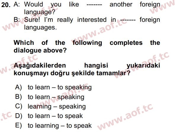 2022 İngilizce 2 Yaz Okulu 20. Çıkmış Sınav Sorusu