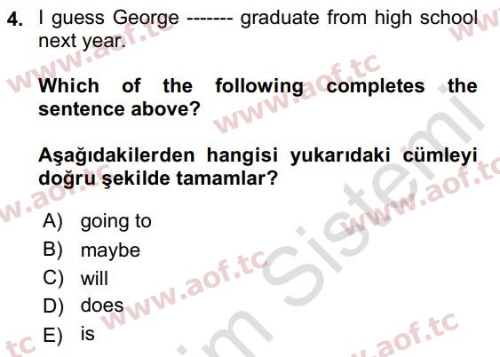 2022 İngilizce 2 Yaz Okulu 4. Çıkmış Sınav Sorusu