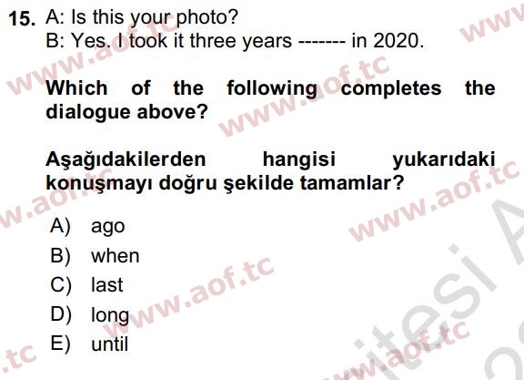 2023 İngilizce 2 Yaz Okulu 15. Çıkmış Sınav Sorusu