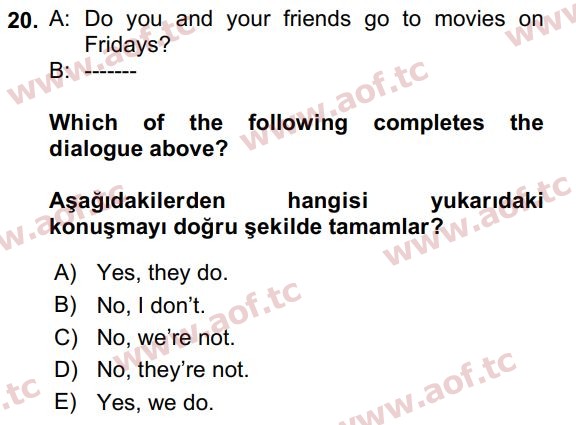2023 İngilizce 2 Yaz Okulu 20. Çıkmış Sınav Sorusu
