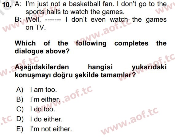 2024 İngilizce 2 Yaz Okulu 10. Çıkmış Sınav Sorusu