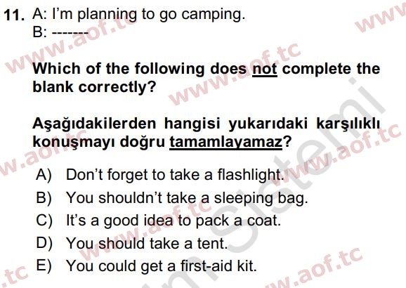 2024 İngilizce 2 Yaz Okulu 11. Çıkmış Sınav Sorusu