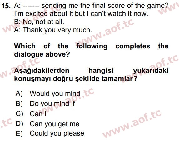 2024 İngilizce 2 Yaz Okulu 15. Çıkmış Sınav Sorusu