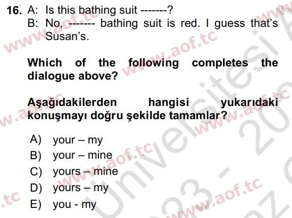 2024 İngilizce 2 Yaz Okulu 16. Çıkmış Sınav Sorusu