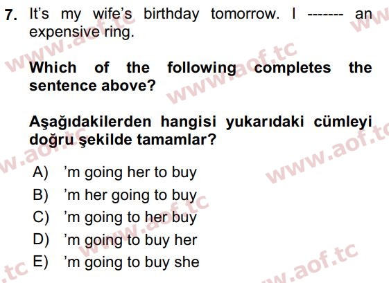 2024 İngilizce 2 Yaz Okulu 7. Çıkmış Sınav Sorusu