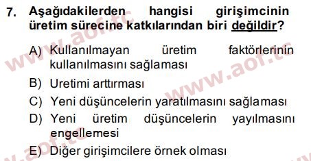 2015 Girişimcilik ve İş Kurma Arasınav 7. Çıkmış Sınav Sorusu