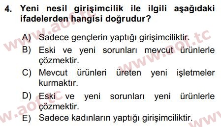 2016 Girişimcilik ve İş Kurma Arasınav 4. Çıkmış Sınav Sorusu