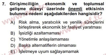 2016 Girişimcilik ve İş Kurma Arasınav 7. Çıkmış Sınav Sorusu