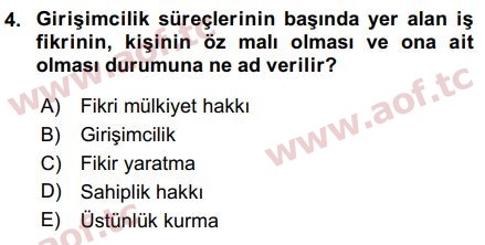 2017 Girişimcilik ve İş Kurma Arasınav 4. Çıkmış Sınav Sorusu