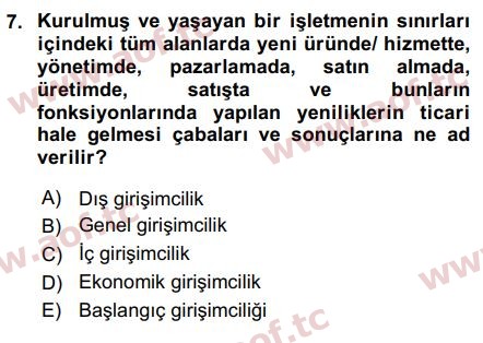 2017 Girişimcilik ve İş Kurma Arasınav 7. Çıkmış Sınav Sorusu