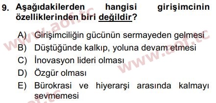 2018 Girişimcilik ve İş Kurma Arasınav 9. Çıkmış Sınav Sorusu