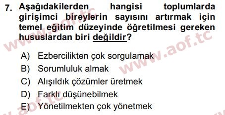 2019 Girişimcilik ve İş Kurma Final 7. Çıkmış Sınav Sorusu