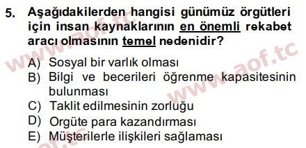 2015 İnsan Kaynakları Yönetimi Arasınav 5. Çıkmış Sınav Sorusu