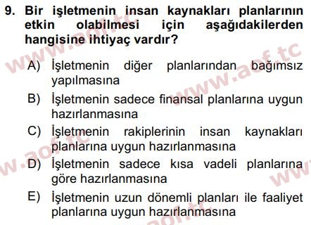 2016 İnsan Kaynakları Yönetimi Arasınav 9. Çıkmış Sınav Sorusu