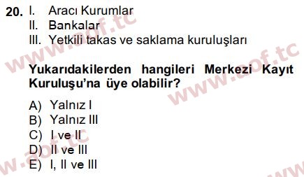 2015 Sermaye Piyasaları ve Finansal Kurumlar Arasınav 20. Çıkmış Sınav Sorusu