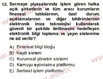 2015 Sermaye Piyasaları ve Finansal Kurumlar Final 13. Çıkmış Sınav Sorusu