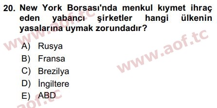 2017 Sermaye Piyasaları ve Finansal Kurumlar Final 20. Çıkmış Sınav Sorusu