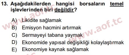 2018 Sermaye Piyasaları ve Finansal Kurumlar Arasınav 13. Çıkmış Sınav Sorusu