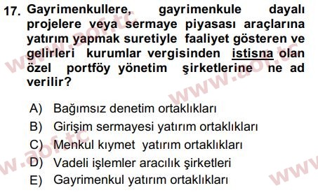 2018 Sermaye Piyasaları ve Finansal Kurumlar Arasınav 17. Çıkmış Sınav Sorusu