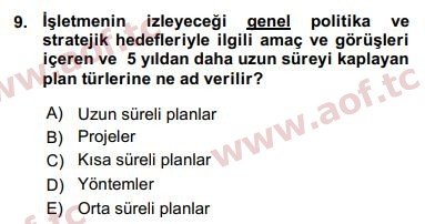 2016 Yönetim Bilimi 1 Arasınav 9. Çıkmış Sınav Sorusu