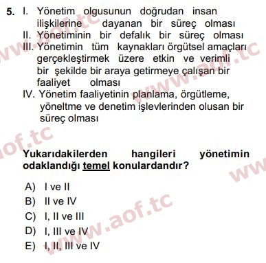 2017 Yönetim Bilimi 1 Arasınav 5. Çıkmış Sınav Sorusu