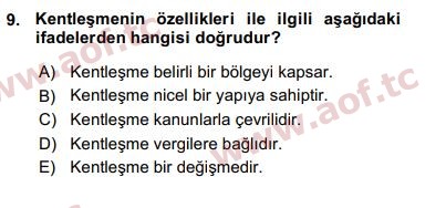 2016 Kentleşme ve Konut Politikaları Arasınav 9. Çıkmış Sınav Sorusu