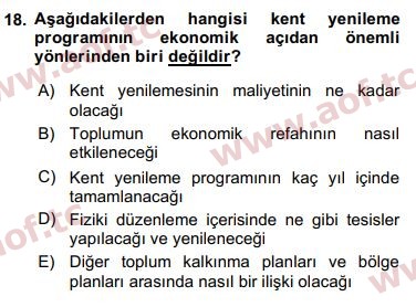 2016 Kentleşme ve Konut Politikaları Final 18. Çıkmış Sınav Sorusu