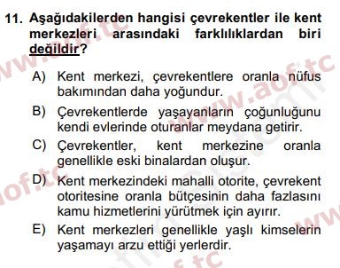 2016 Kentleşme ve Konut Politikaları Yaz Okulu 11. Çıkmış Sınav Sorusu