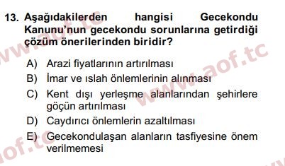 2017 Kentleşme ve Konut Politikaları Final 13. Çıkmış Sınav Sorusu