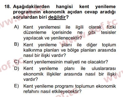 2017 Kentleşme ve Konut Politikaları Final 18. Çıkmış Sınav Sorusu