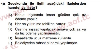 2017 Kentleşme ve Konut Politikaları Yaz Okulu 10. Çıkmış Sınav Sorusu