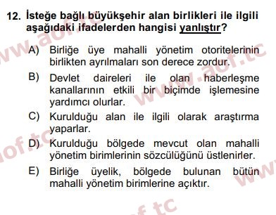 2019 Kentleşme ve Konut Politikaları Arasınav 12. Çıkmış Sınav Sorusu