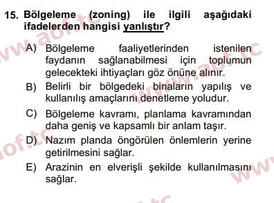 2019 Kentleşme ve Konut Politikaları Arasınav 15. Çıkmış Sınav Sorusu