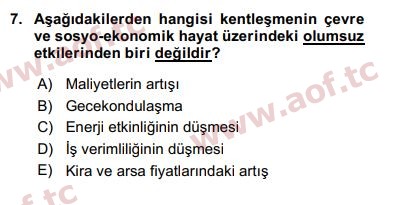 2019 Kentleşme ve Konut Politikaları Arasınav 7. Çıkmış Sınav Sorusu