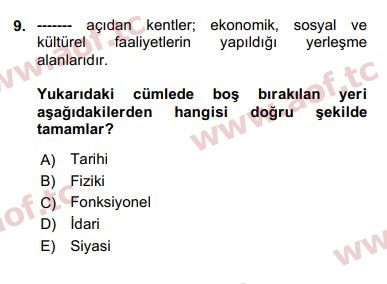 2019 Kentleşme ve Konut Politikaları Arasınav 9. Çıkmış Sınav Sorusu