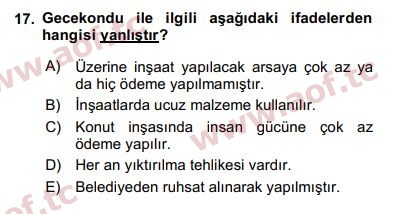 2019 Kentleşme ve Konut Politikaları Final 17. Çıkmış Sınav Sorusu