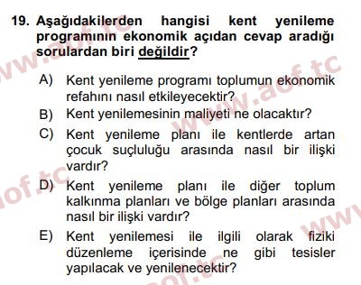 2019 Kentleşme ve Konut Politikaları Final 19. Çıkmış Sınav Sorusu