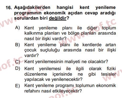 2020 Kentleşme ve Konut Politikaları Final 16. Çıkmış Sınav Sorusu