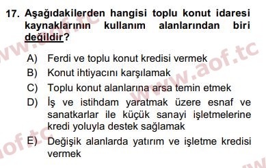2020 Kentleşme ve Konut Politikaları Yaz Okulu 17. Çıkmış Sınav Sorusu