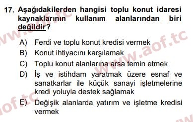 2020 Kentleşme ve Konut Politikaları Yaz Okulu 17. Çıkmış Sınav Sorusu