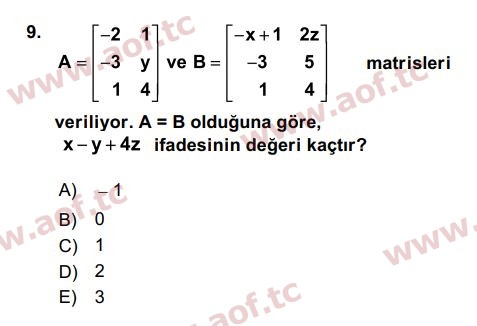 2016 Genel Matematik Final 9. Çıkmış Sınav Sorusu