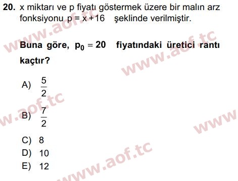 2016 Matematik 2 Arasınav 20. Çıkmış Sınav Sorusu