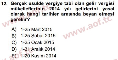 2016 Türk Vergi Sistemi Arasınav 12. Çıkmış Sınav Sorusu